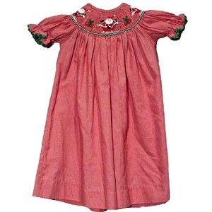 Santa Smocked Top Red Gingham Christmas Dress Full Button Back Baby Girl 18-24Mo